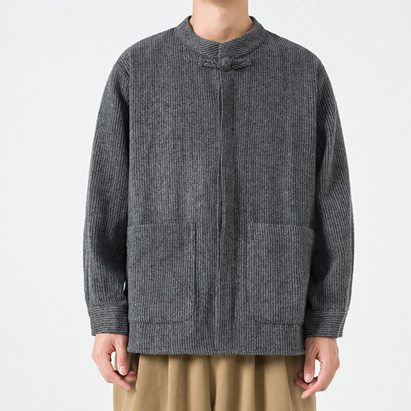 Kurtka męska z bawełnianego sztruksu z długimi rękawami i kieszeniami, w jednolitym kolorze, z żabim guzikiem i Buddha Stones - image 15