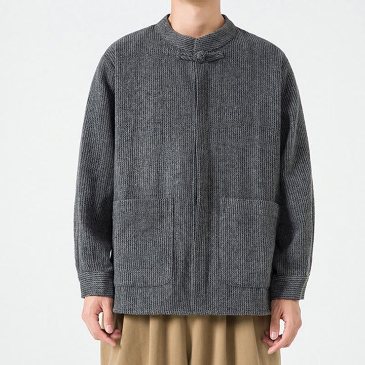 Kurtka męska z bawełnianego sztruksu z długimi rękawami i kieszeniami, w jednolitym kolorze, z żabim guzikiem i Buddha Stones - image 15