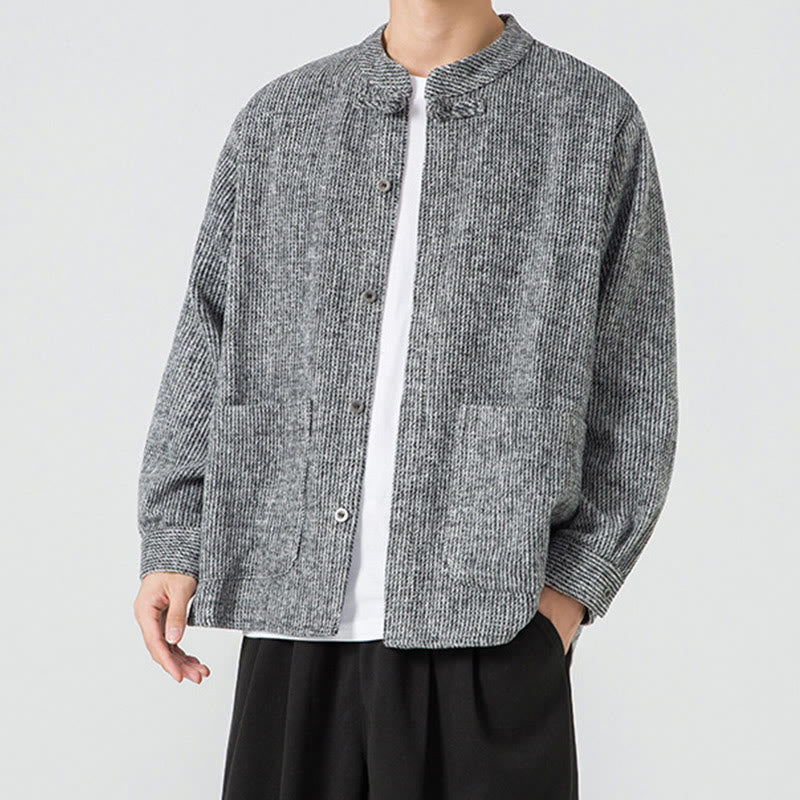 Kurtka męska z bawełnianego sztruksu z długimi rękawami i kieszeniami, w jednolitym kolorze, z żabim guzikiem i Buddha Stones - image 24