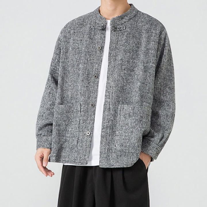 Kurtka męska z bawełnianego sztruksu z długimi rękawami i kieszeniami, w jednolitym kolorze, z żabim guzikiem i Buddha Stones - image 24