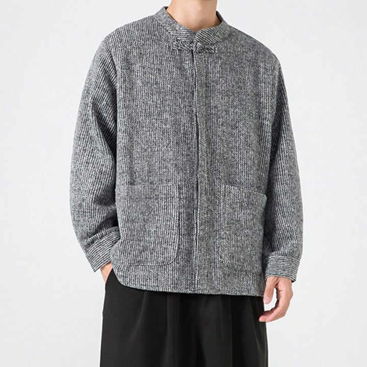 Kurtka męska z bawełnianego sztruksu z długimi rękawami i kieszeniami, w jednolitym kolorze, z żabim guzikiem i Buddha Stones - image 25