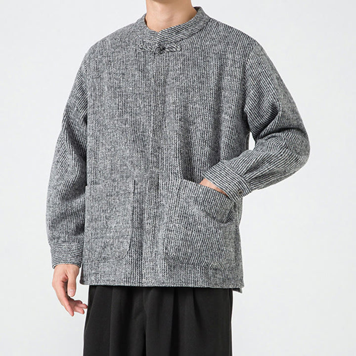 Kurtka męska z bawełnianego sztruksu z długimi rękawami i kieszeniami, w jednolitym kolorze, z żabim guzikiem i Buddha Stones - image 23