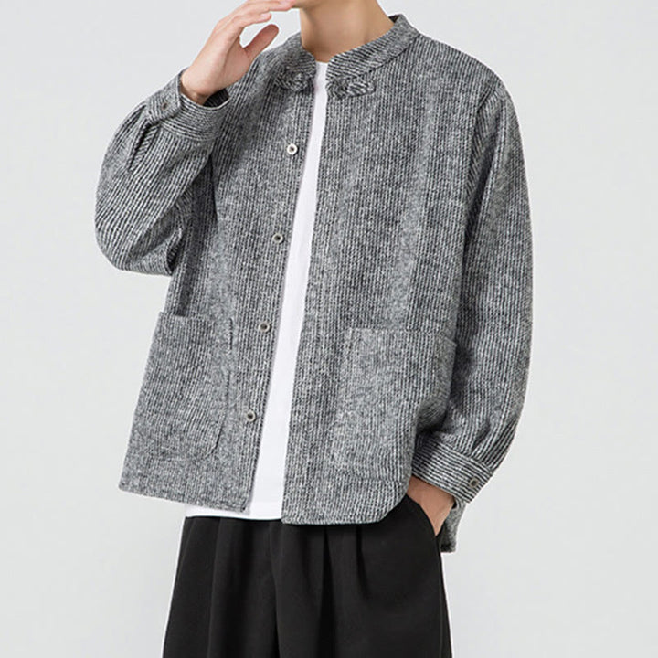 Kurtka męska z bawełnianego sztruksu z długimi rękawami i kieszeniami, w jednolitym kolorze, z żabim guzikiem i Buddha Stones - image 27