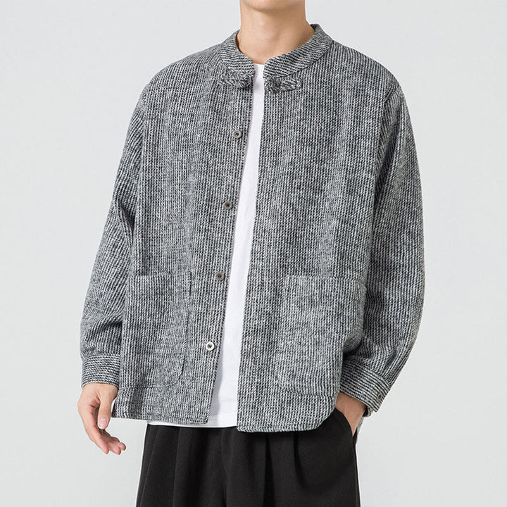 Kurtka męska z bawełnianego sztruksu z długimi rękawami i kieszeniami, w jednolitym kolorze, z żabim guzikiem i Buddha Stones - image 28