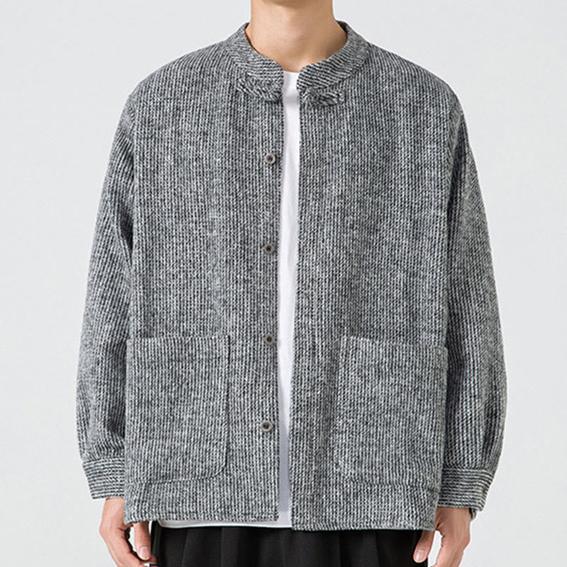 Kurtka męska z bawełnianego sztruksu z długimi rękawami i kieszeniami, w jednolitym kolorze, z żabim guzikiem i Buddha Stones - Szary - US/UK/AU48， EU58(5XL) - image 22