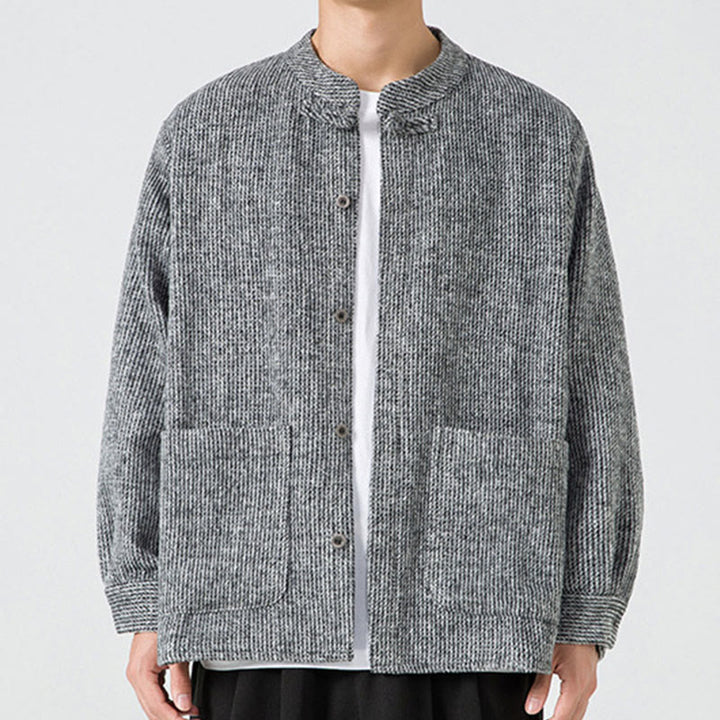 Kurtka męska z bawełnianego sztruksu z długimi rękawami i kieszeniami, w jednolitym kolorze, z żabim guzikiem i Buddha Stones - Szary - US/UK/AU48， EU58(5XL) - image 22