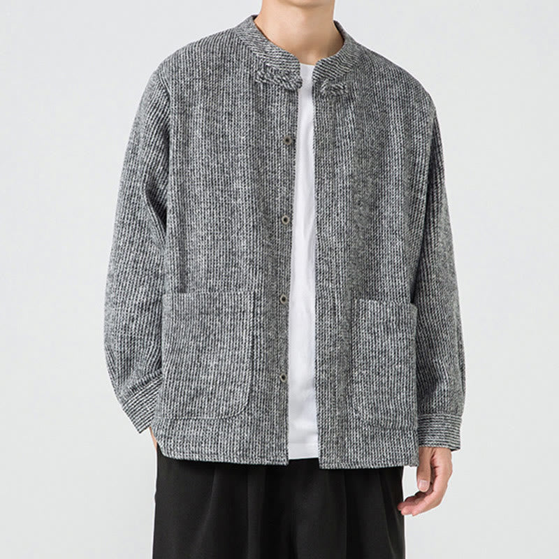 Kurtka męska z bawełnianego sztruksu z długimi rękawami i kieszeniami, w jednolitym kolorze, z żabim guzikiem i Buddha Stones - image 30