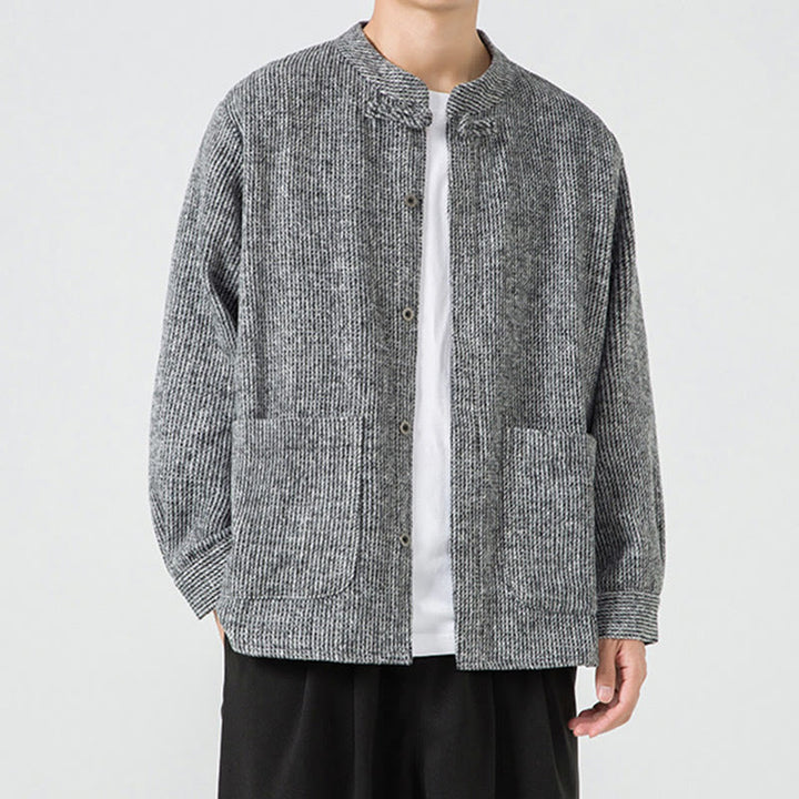 Kurtka męska z bawełnianego sztruksu z długimi rękawami i kieszeniami, w jednolitym kolorze, z żabim guzikiem i Buddha Stones - image 30