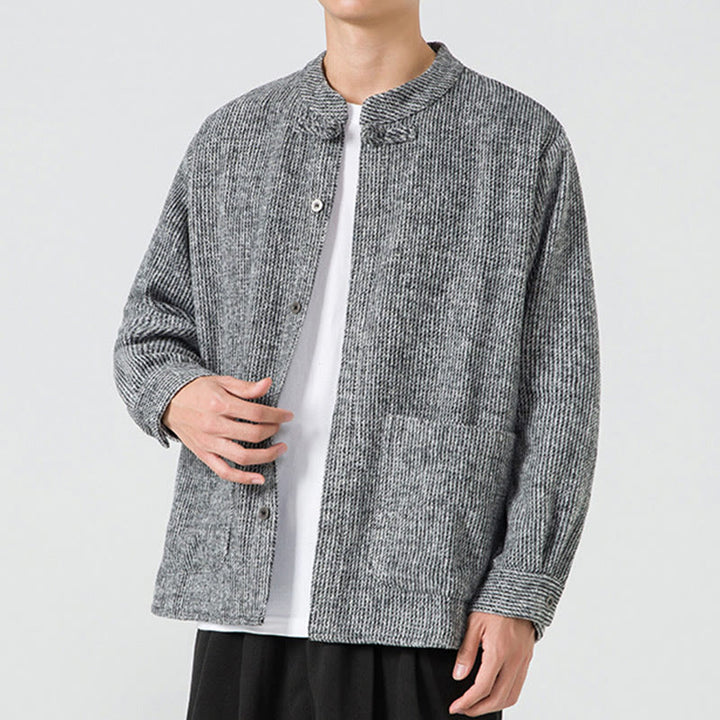 Kurtka męska z bawełnianego sztruksu z długimi rękawami i kieszeniami, w jednolitym kolorze, z żabim guzikiem i Buddha Stones - image 29