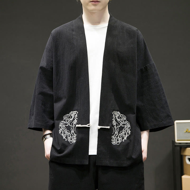 Buddha Stones Solidne Pomyślne Chmury Kurtka Męska Kimono Bawełniane z Długim Rękawem Otwartym Przodem - Czarny - US/UK/AU46， EU56 (5XL) - image 7