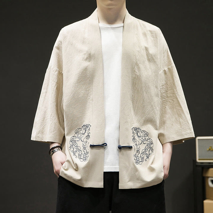 Buddha Stones Solidne Pomyślne Chmury Kurtka Męska Kimono Bawełniane z Długim Rękawem Otwartym Przodem - Jedwab kukurydziany - US/UK/AU46， EU56 (5XL) - image 3