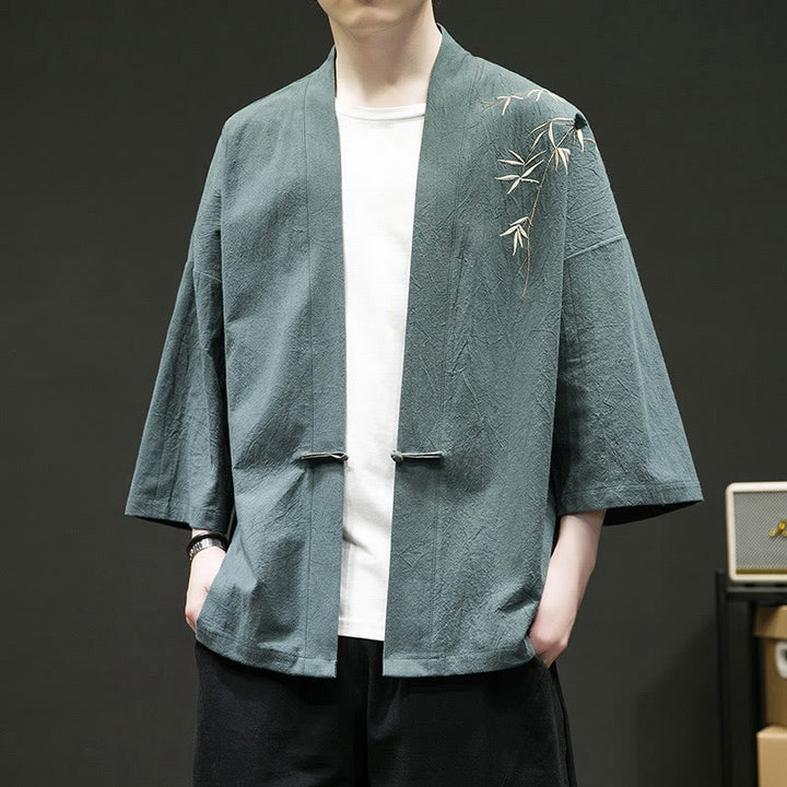 Buddha Stones Solidne Pomyślne Chmury Kurtka Męska Kimono Bawełniane z Długim Rękawem Otwartym Przodem - image 2