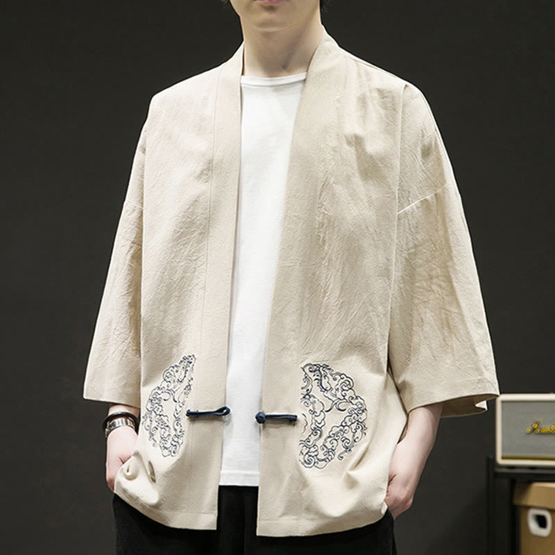 Buddha Stones Solidne Pomyślne Chmury Kurtka Męska Kimono Bawełniane z Długim Rękawem Otwartym Przodem - image 3