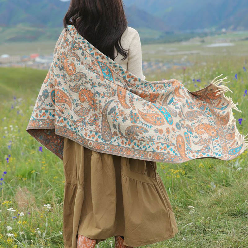 Miękki szal z frędzlami i haftowanymi kwiatami Paisley w kształcie Buddha Stones - image 9