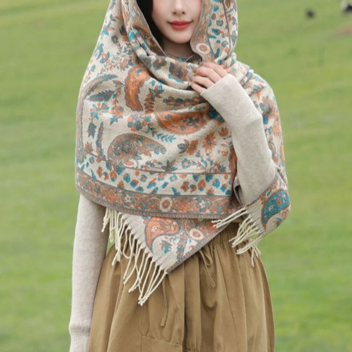 Miękki szal z frędzlami i haftowanymi kwiatami Paisley w kształcie Buddha Stones - image 12
