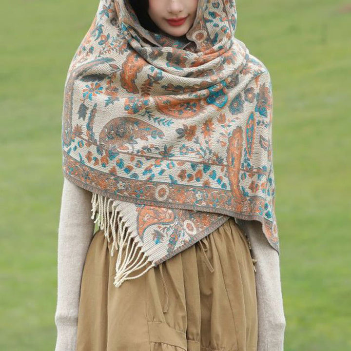 Miękki szal z frędzlami i haftowanymi kwiatami Paisley w kształcie Buddha Stones - image 11