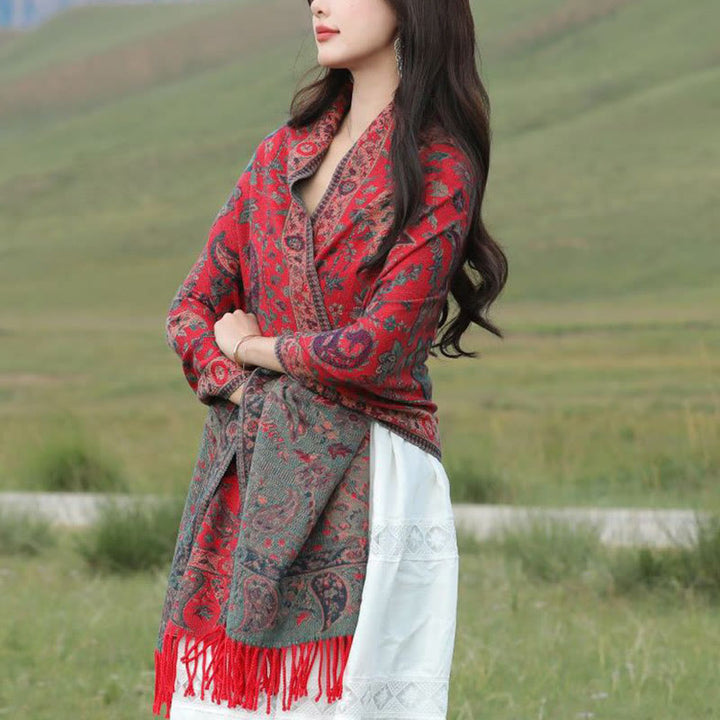 Miękki szal z frędzlami i haftowanymi kwiatami Paisley w kształcie Buddha Stones - image 22