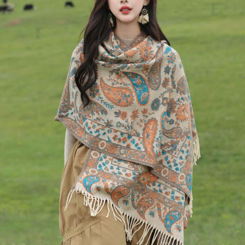 Miękki szal z frędzlami i haftowanymi kwiatami Paisley w kształcie Buddha Stones - image 10