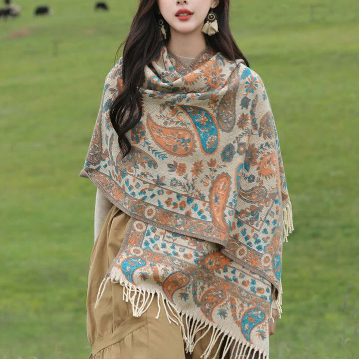 Miękki szal z frędzlami i haftowanymi kwiatami Paisley w kształcie Buddha Stones - image 10