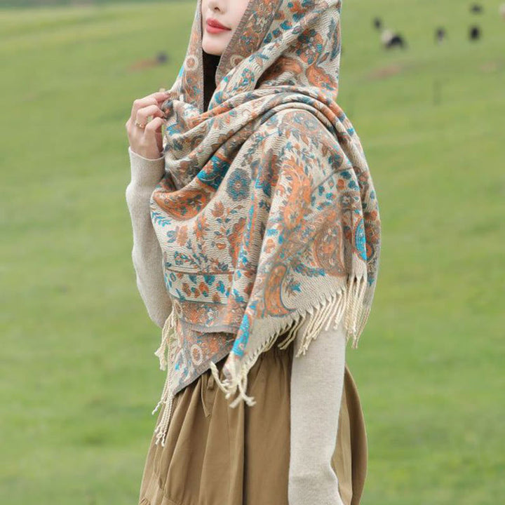 Miękki szal z frędzlami i haftowanymi kwiatami Paisley w kształcie Buddha Stones - image 13