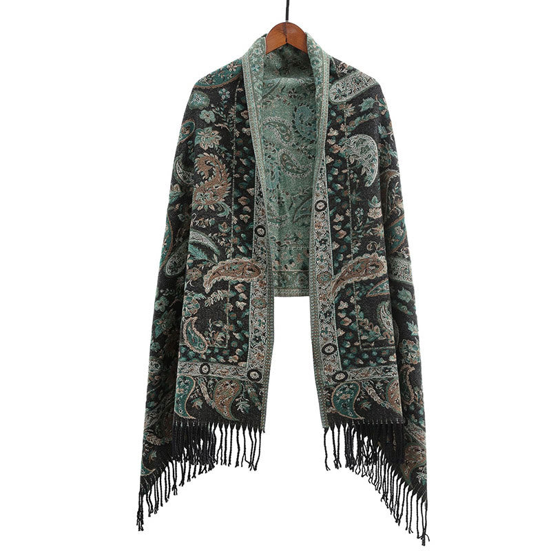 Miękki szal z frędzlami i haftowanymi kwiatami Paisley w kształcie Buddha Stones - MediumSeaGreen - image 16