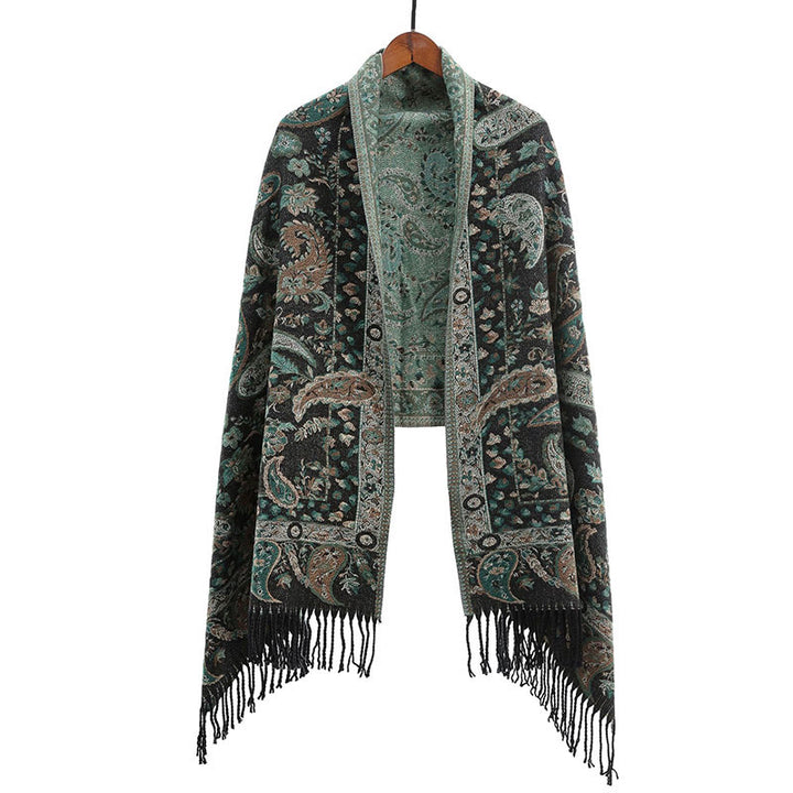 Miękki szal z frędzlami i haftowanymi kwiatami Paisley w kształcie Buddha Stones - MediumSeaGreen - image 16