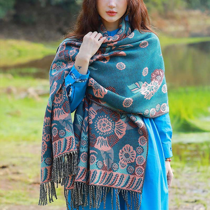 Buddha Stones Żakardowy Etniczny Paisley Roślinny Wzór Chwost Miękki Termiczny Szal - LightSeaGreen Floral - 70-190 cm - image 19