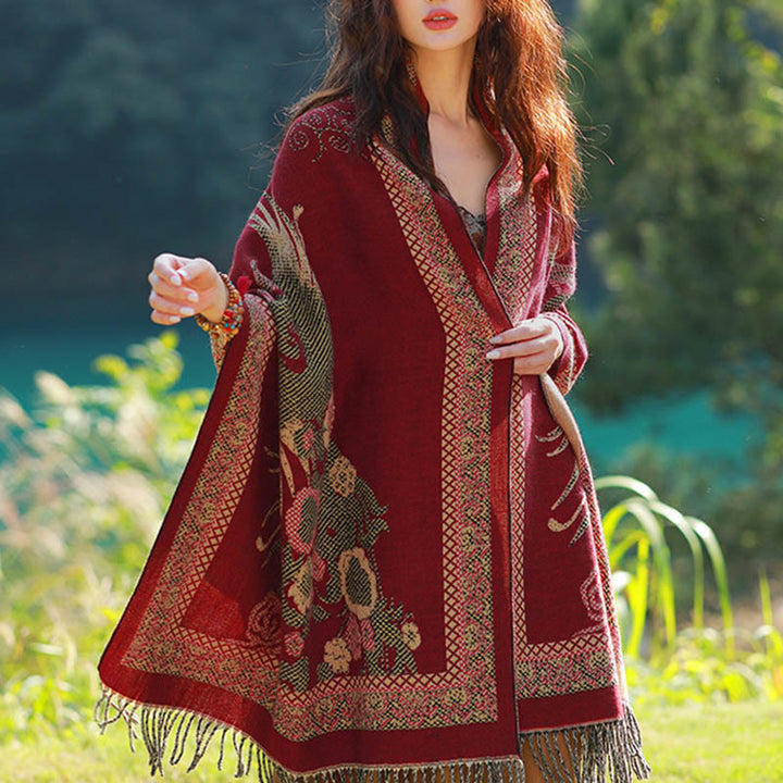 Buddha Stones Żakardowy Etniczny Paisley Roślinny Wzór Chwost Miękki Termiczny Szal - Kwiatowy ptak DarkRed Vines - 70-190 cm - image 46
