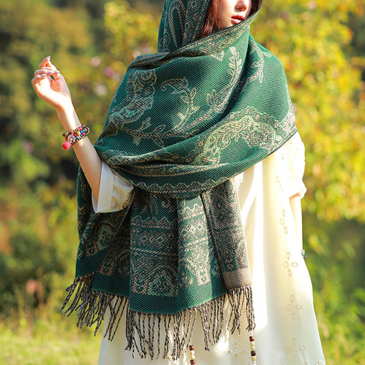 Buddha Stones Żakardowy Etniczny Paisley Roślinny Wzór Chwost Miękki Termiczny Szal - MediumSeaGreen Vines - 70-190 cm - image 0