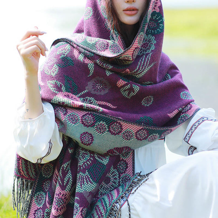 Buddha Stones Żakardowy Etniczny Paisley Roślinny Wzór Chwost Miękki Termiczny Szal - Fioletowy Kwiatowy - 70-190 cm - image 28