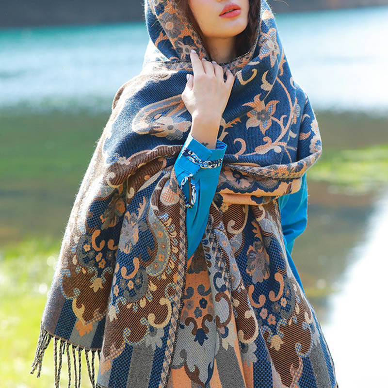 Buddha Stones Żakardowy Etniczny Paisley Roślinny Wzór Chwost Miękki Termiczny Szal - SteelBlue Vines Floral - 70-190 cm - image 7