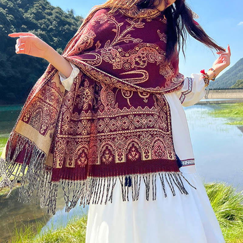 Buddha Stones Żakardowy Etniczny Paisley Roślinny Wzór Chwost Miękki Termiczny Szal - image 17