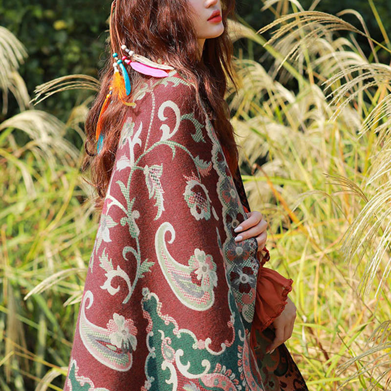 Buddha Stones Żakardowy Etniczny Paisley Roślinny Wzór Chwost Miękki Termiczny Szal - image 4