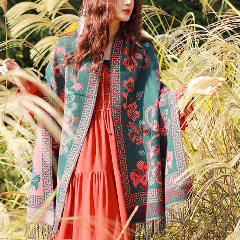 Buddha Stones Żakardowy Etniczny Paisley Roślinny Wzór Chwost Miękki Termiczny Szal - image 36