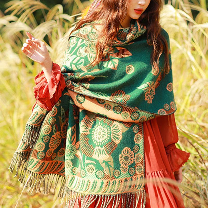 Buddha Stones Żakardowy Etniczny Paisley Roślinny Wzór Chwost Miękki Termiczny Szal - image 32