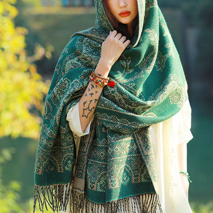 Buddha Stones Żakardowy Etniczny Paisley Roślinny Wzór Chwost Miękki Termiczny Szal - image 2