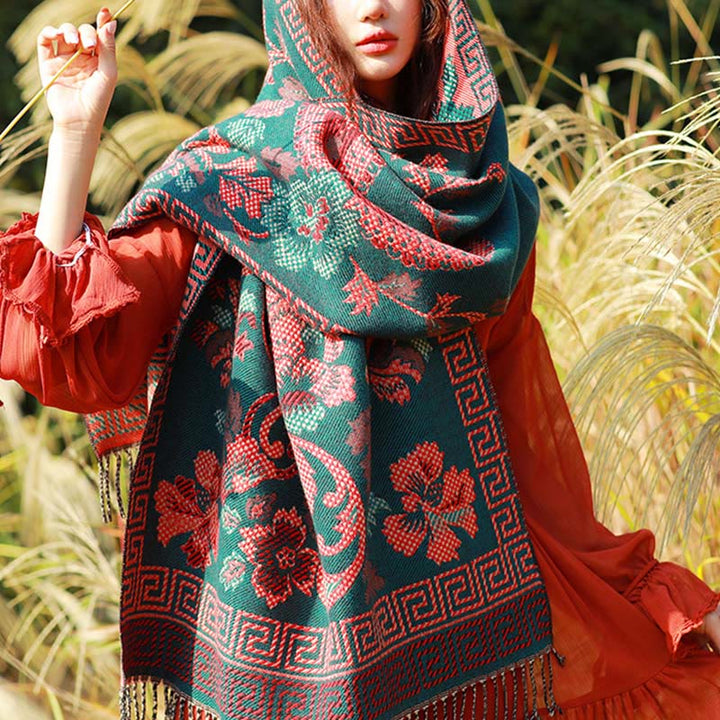 Buddha Stones Żakardowy Etniczny Paisley Roślinny Wzór Chwost Miękki Termiczny Szal - Kwiatowy DarkCyan - 70-190 cm - image 34