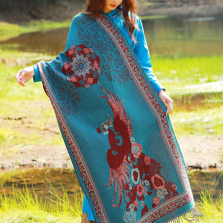 Buddha Stones Żakardowy Etniczny Paisley Roślinny Wzór Chwost Miękki Termiczny Szal - DarkCyan Vines Bird Floral - 70-190 cm - image 45