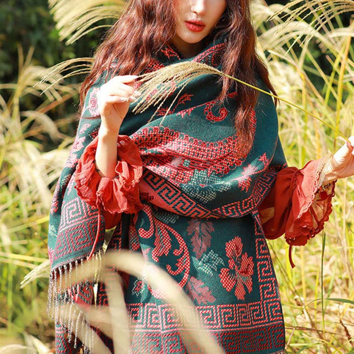 Buddha Stones Żakardowy Etniczny Paisley Roślinny Wzór Chwost Miękki Termiczny Szal - image 35