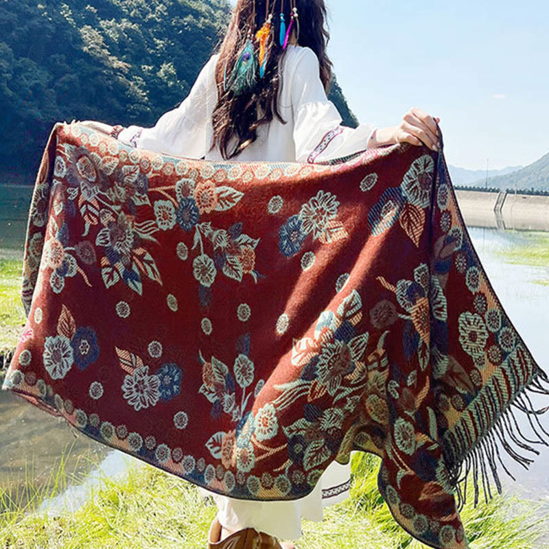 Buddha Stones Żakardowy Etniczny Paisley Roślinny Wzór Chwost Miękki Termiczny Szal - image 27