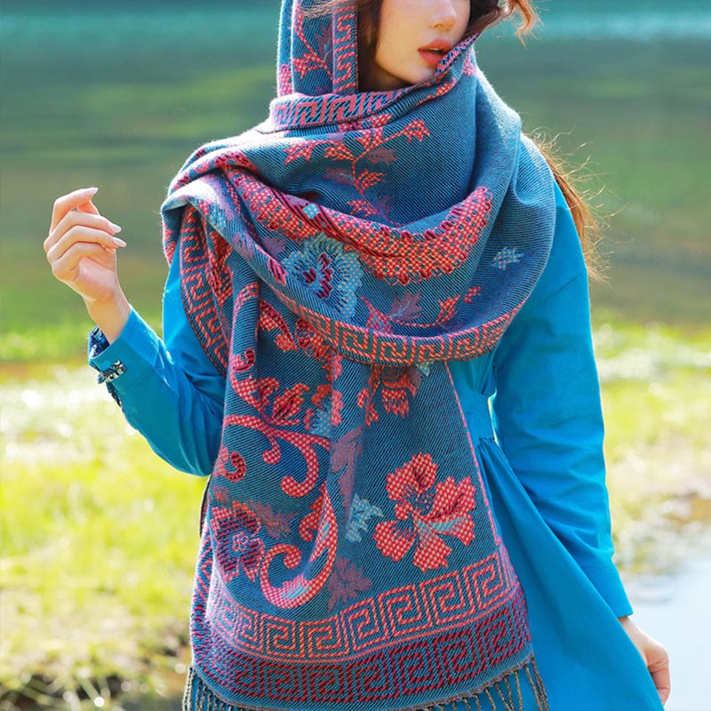 Buddha Stones Żakardowy Etniczny Paisley Roślinny Wzór Chwost Miękki Termiczny Szal - Stalowoniebieski Kwiatowy - 70-190 cm - image 37