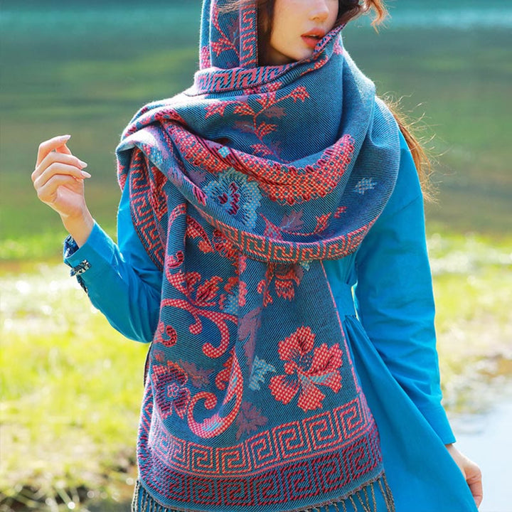 Buddha Stones Żakardowy Etniczny Paisley Roślinny Wzór Chwost Miękki Termiczny Szal - Stalowoniebieski Kwiatowy - 70-190 cm - image 37