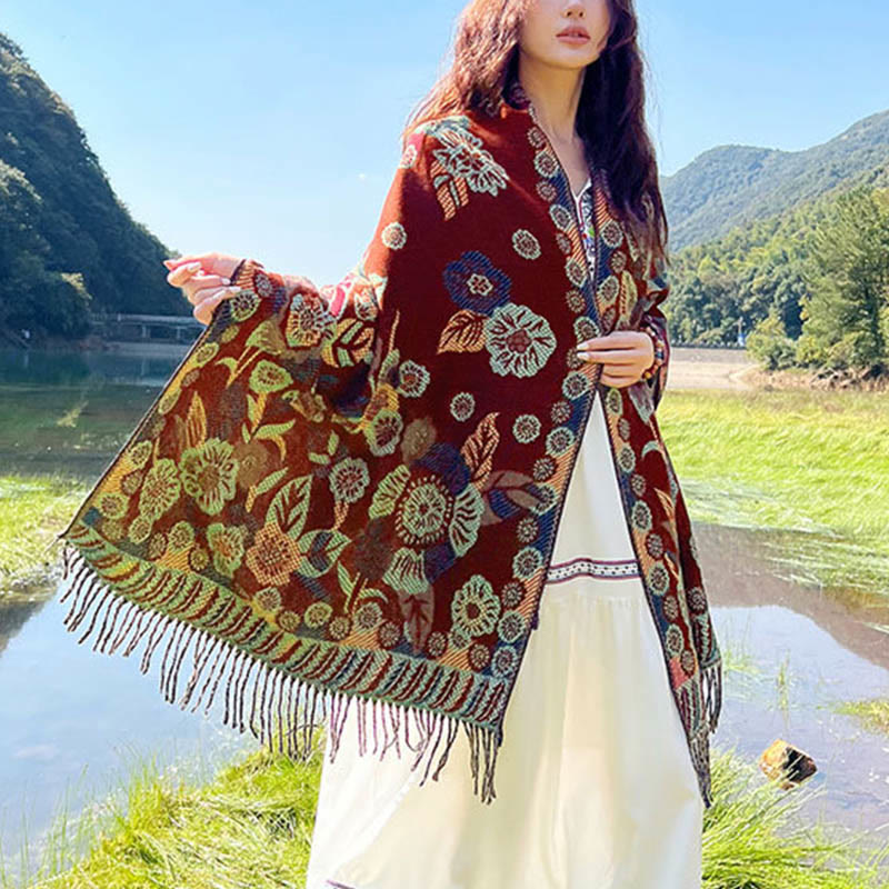 Buddha Stones Żakardowy Etniczny Paisley Roślinny Wzór Chwost Miękki Termiczny Szal - image 26