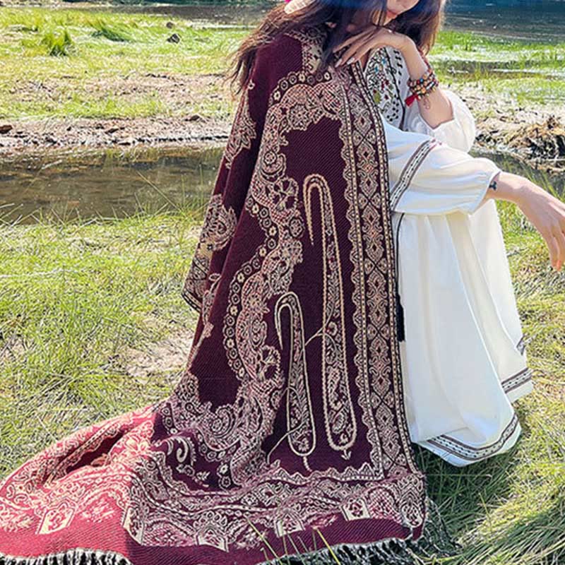 Buddha Stones Żakardowy Etniczny Paisley Roślinny Wzór Chwost Miękki Termiczny Szal - image 18