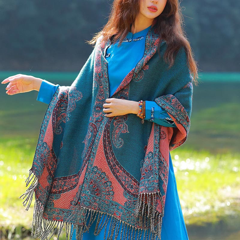 Buddha Stones Żakardowy Etniczny Paisley Roślinny Wzór Chwost Miękki Termiczny Szal - Ciemnobłękitny Paisley - 70-190 cm - image 43