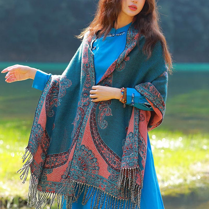 Buddha Stones Żakardowy Etniczny Paisley Roślinny Wzór Chwost Miękki Termiczny Szal - Ciemnobłękitny Paisley - 70-190 cm - image 43