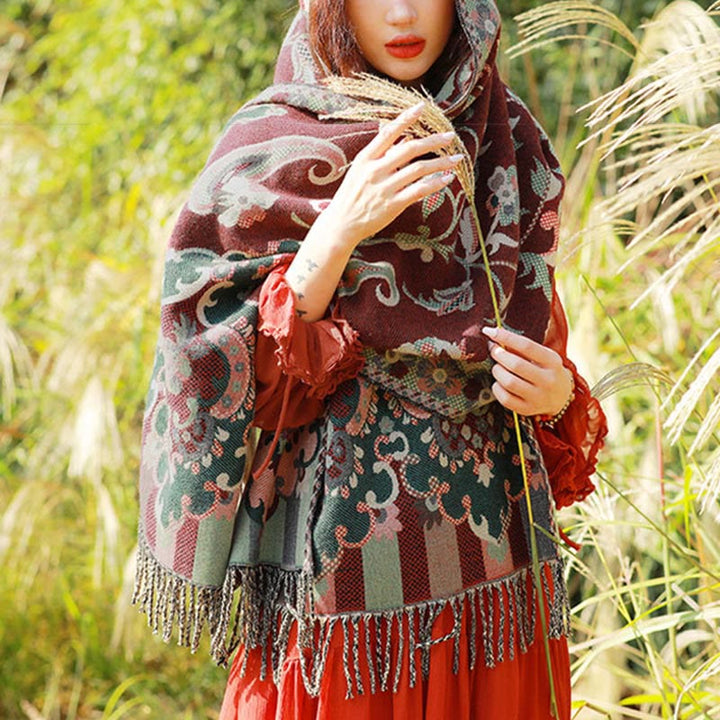 Buddha Stones Żakardowy Etniczny Paisley Roślinny Wzór Chwost Miękki Termiczny Szal - Ciemnoczerwony Paisley - 70-190 cm - image 3