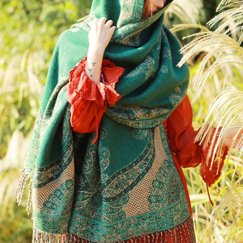 Buddha Stones Żakardowy Etniczny Paisley Roślinny Wzór Chwost Miękki Termiczny Szal - SeaGreen Paisley - 70-190 cm - image 44