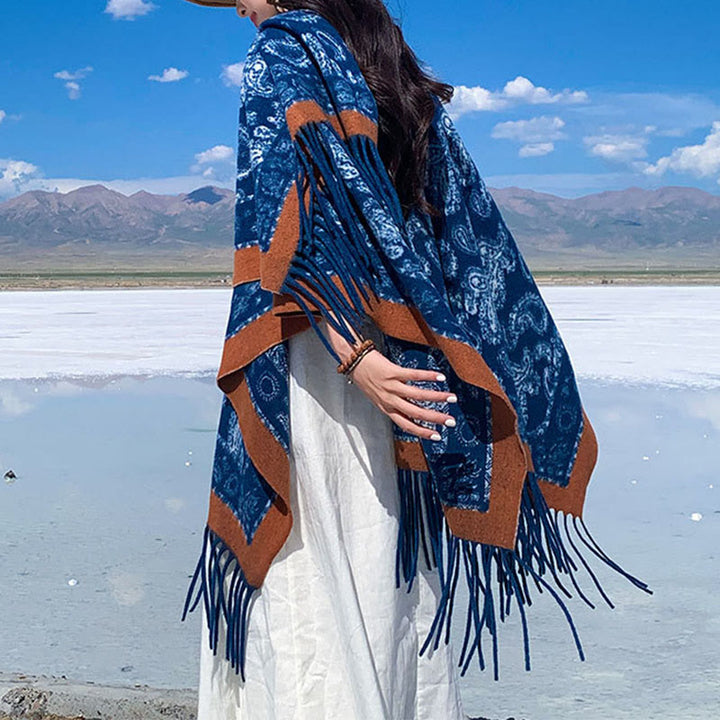 Buddha Stones, granatowy, wzór paisley, szalik z frędzlami - image 5