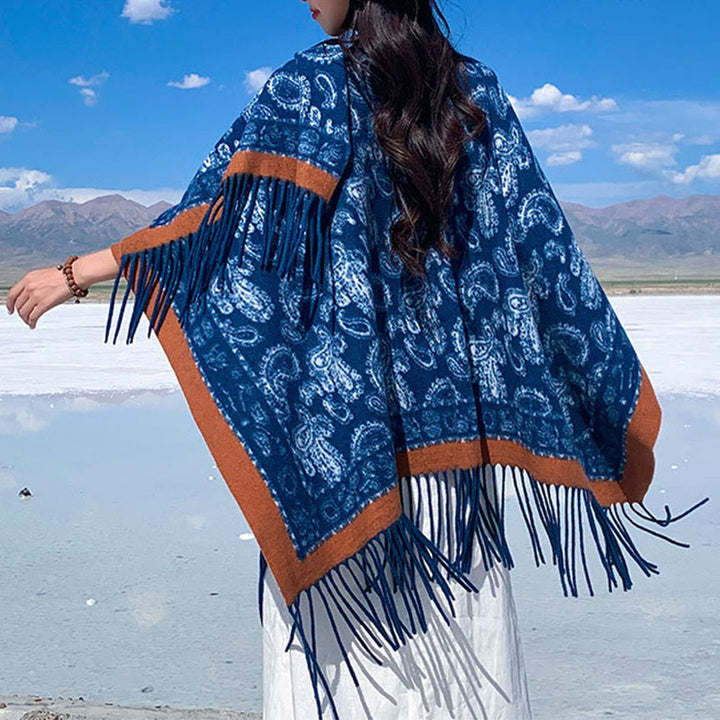 Buddha Stones, granatowy, wzór paisley, szalik z frędzlami - Marynarka wojenna - 170*130 cm - image 0